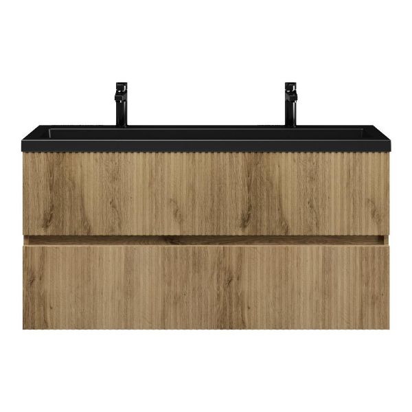 Bellanti Mezzo/Esta ondiep badmeubel 120x36 2 softclose laden met ribbel - latjes structuur warm eiken greeploos polystone wastafel mat zwart met 2 kraangaten