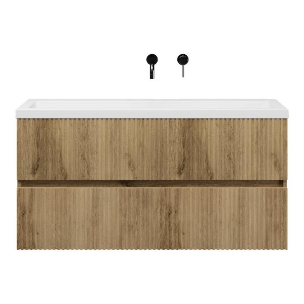Bellanti Mezzo/Esta ondiep badmeubel 120x36 2 softclose laden met ribbel - latjes structuur warm eiken greeploos polystone wastafel wit zonder kraangaten
