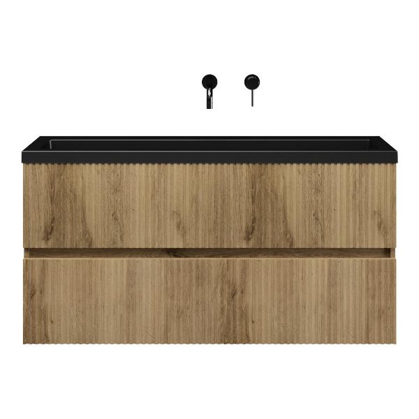 Bellanti Mezzo/Esta ondiep badmeubel 120x36 2 softclose laden met ribbel - latjes structuur warm eiken greeploos polystone wastafel mat zwart zonder kraangaten