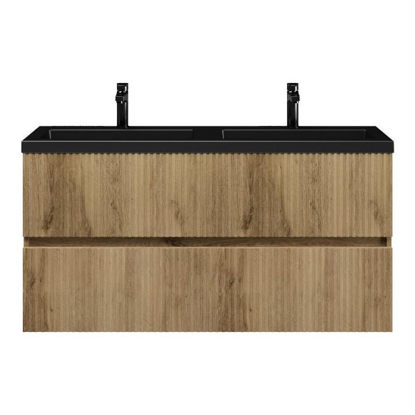 Bellanti Mezzo/Esta ondiep badmeubel 120x36 2 softclose laden met ribbel - latjes structuur warm eiken greeploos polystone wastafel dubbel mat zwart met 2 kraangaten