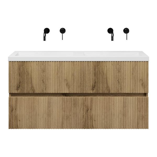 Bellanti Mezzo/Esta ondiep badmeubel 120x36 2 softclose laden met ribbel - latjes structuur warm eiken greeploos polystone wastafel dubbel wit zonder kraangaten
