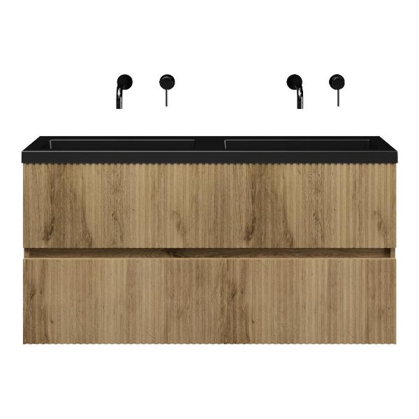 Bellanti Mezzo/Esta ondiep badmeubel 120x36 2 softclose laden met ribbel - latjes structuur warm eiken greeploos polystone wastafel dubbel mat zwart zonder kraangaten