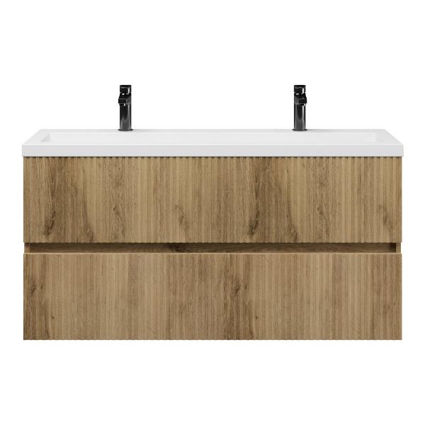 Bellanti Mezzo/Esta ondiep badmeubel 120x36 2 softclose laden met ribbel - latjes structuur warm eiken greeploos polystone wastafel wit met 2 kraangaten
