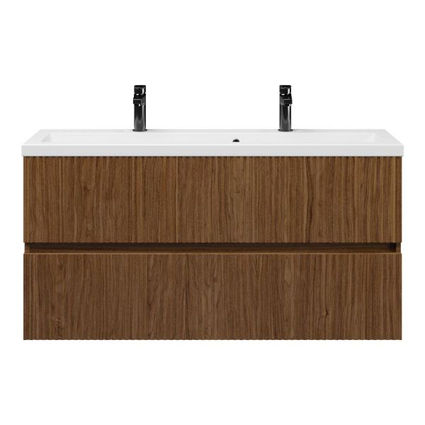 Bellanti Mezzo/Amelia ondiep badmeubel 120x36 2 softclose laden met ribbel - latjes structuur warm noten greeploos keramische wastafel wit met 2 kraangaten
