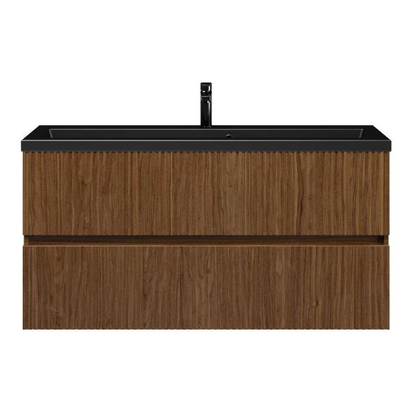 Bellanti Mezzo/Amelia ondiep badmeubel 120x36 2 softclose laden met ribbel - latjes structuur warm noten greeploos keramische wastafel mat zwart met 1 kraangat