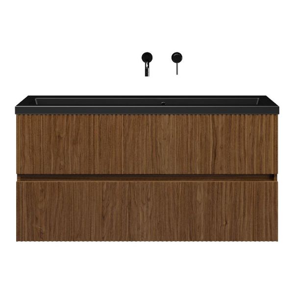 Bellanti Mezzo/Amelia ondiep badmeubel 120x36 2 softclose laden met ribbel - latjes structuur warm noten greeploos keramische wastafel mat zwart zonder kraangaten