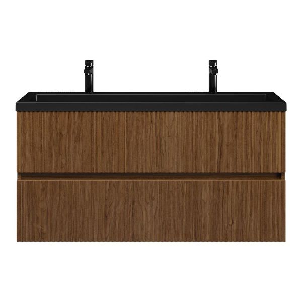 Bellanti Mezzo/Esta ondiep badmeubel 120x36 2 softclose laden met ribbel - latjes structuur warm noten greeploos polystone wastafel mat zwart met 2 kraangaten