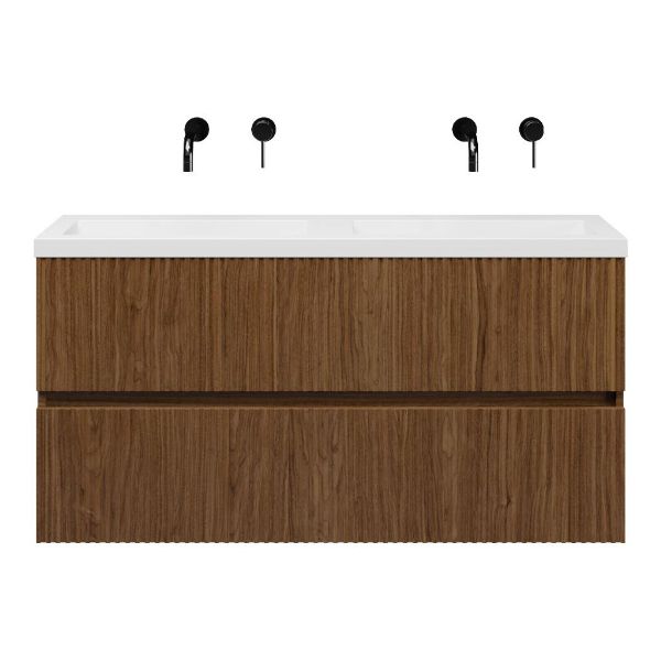 Bellanti Mezzo/Esta ondiep badmeubel 120x36 2 softclose laden met ribbel - latjes structuur warm noten greeploos polystone wastafel dubbel wit zonder kraangaten