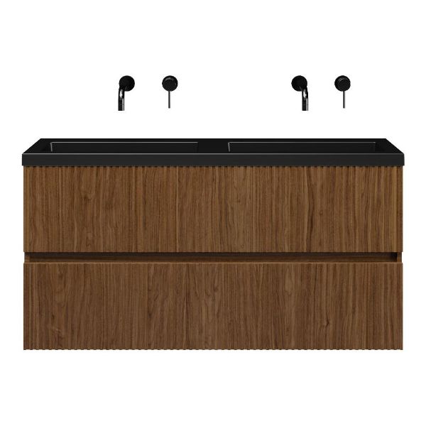 Bellanti Mezzo/Esta ondiep badmeubel 120x36 2 softclose laden met ribbel - latjes structuur warm noten greeploos polystone wastafel dubbel mat zwart zonder kraangaten