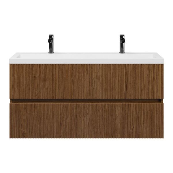 Bellanti Mezzo/Esta ondiep badmeubel 120x36 2 softclose laden met ribbel - latjes structuur warm noten greeploos polystone wastafel wit met 2 kraangaten