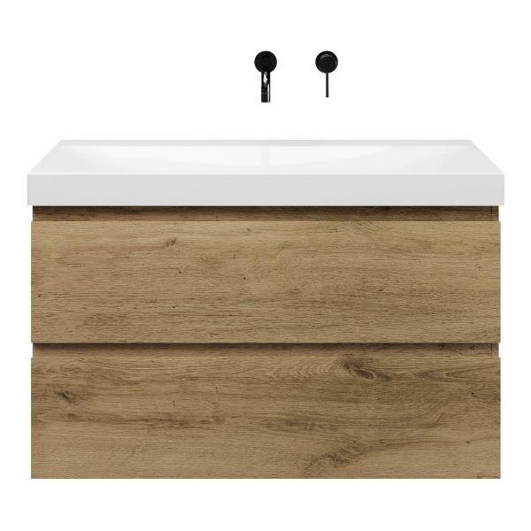 Bellanti Gisella/Jenthe badmeubel 100x46 2 softclose laden warm eiken greeploos keramische wastafel wit glans zonder kraangaten