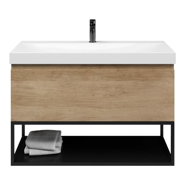 Bellanti Solo/Tela/Jenthe badmeubel 100x46 1 softclose lade olm greeploos keramische wastafel wit glans met 1 kraangat met mat zwart metalen frame