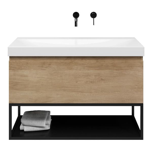 Bellanti Solo/Tela/Jenthe badmeubel 100x46 1 softclose lade olm greeploos keramische wastafel wit glans zonder kraangaten met mat zwart metalen frame