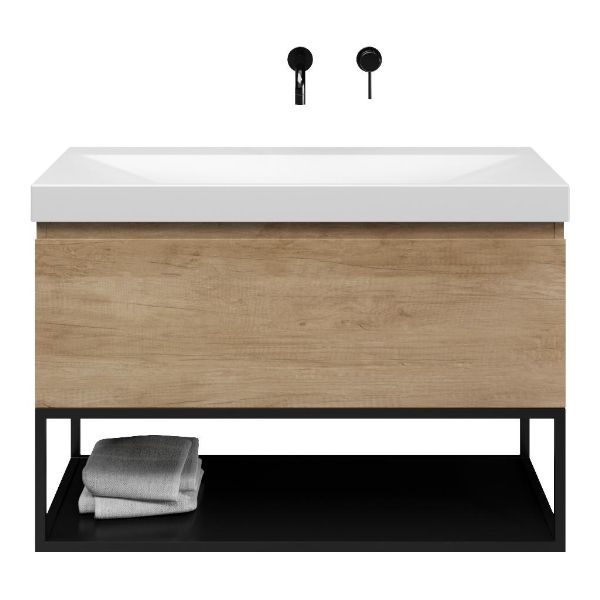 Bellanti Solo/Tela/Jenthe badmeubel 100x46 1 softclose lade olm greeploos keramische wastafel wit mat zonder kraangaten met mat zwart metalen frame