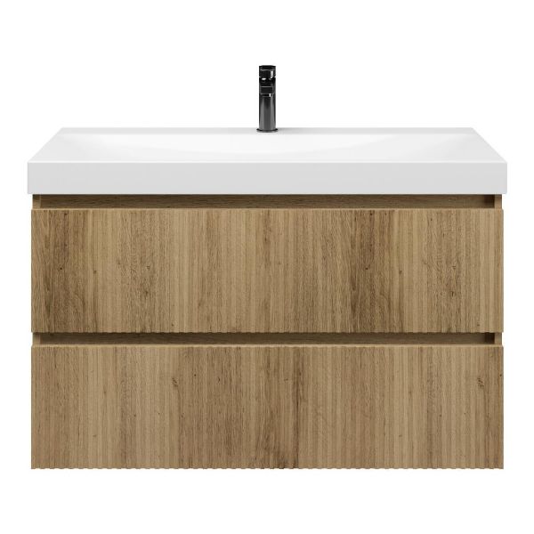 Bellanti Silvan/Jenthe badmeubel 100x46 2 softclose laden warm eiken greeploos keramische wastafel wit glans met 1 kraangat