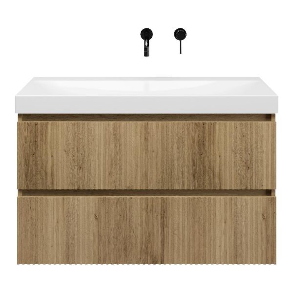 Bellanti Silvan/Jenthe badmeubel 100x46 2 softclose laden warm eiken greeploos keramische wastafel wit glans zonder kraangat