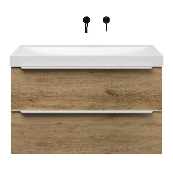 Bellanti Lucilla/Jenthe badmeubel 100x46 2 softclose laden warm eiken met greep naar keuze keramische wastafel wit mat zonder kraangaten
