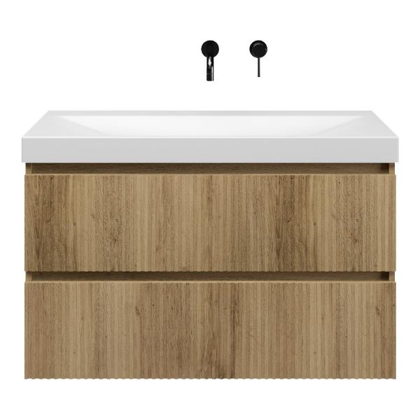 Bellanti Silvan/Jenthe badmeubel 100x46 2 softclose laden warm eiken greeploos keramische wastafel wit mat zonder kraangat