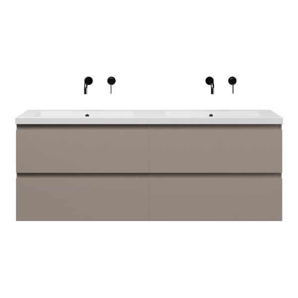 Bellanti Gisella/Esta-Q badmeubel 160x46 4 softclose laden taupe greeploos quartz dubbele wastafel mat wit zonder kraangaten