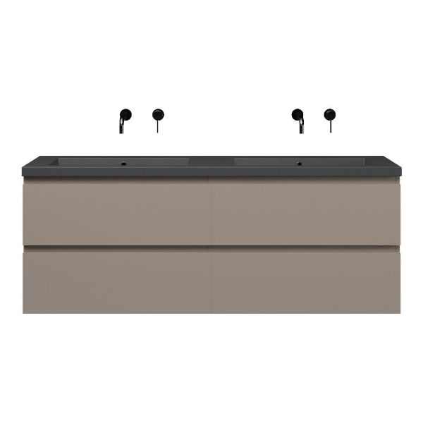 Bellanti Gisella/Esta-Q badmeubel 160x46 4 softclose laden taupe greeploos quartz dubbele wastafel mat grijs zonder kraangaten