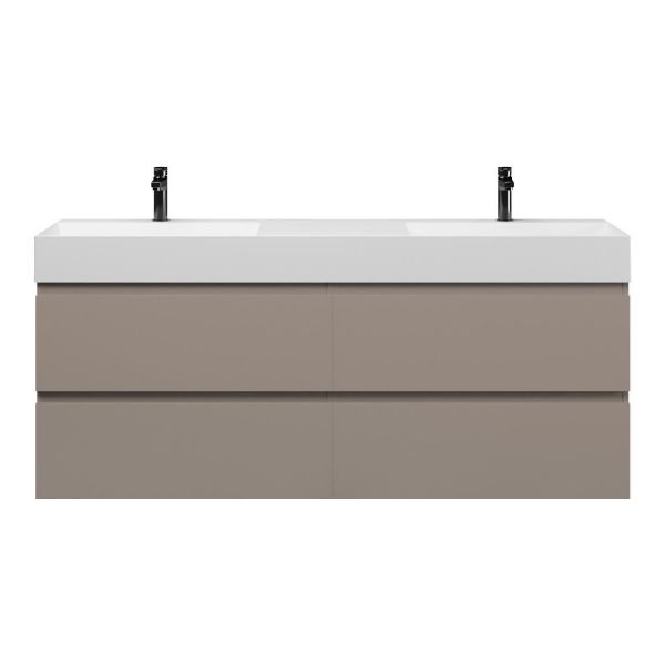 Bellanti Gisella/Azzurra badmeubel 160x46 4 softclose laden taupe greeploos keramiek dubbele wastafel mat wit met 2 kraangaten