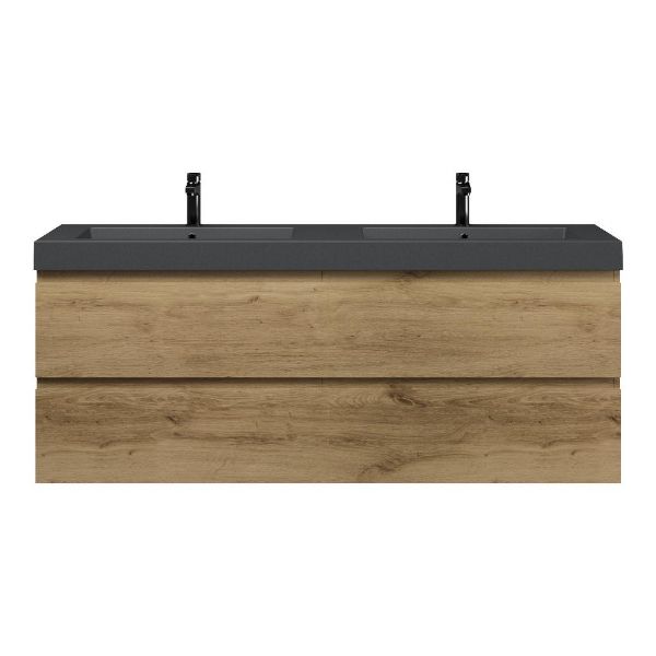 Bellanti Gisella/Esta badmeubel 160x46 4 softclose laden warm eiken greeploos polystone dubbele wastafel mat grijs met 2 kraangaten