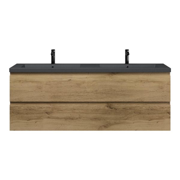 Bellanti Gisella/Esta badmeubel 160x46 4 softclose laden warm eiken greeploos polystone dubbele wastafel mat grijs met 2 kraangaten