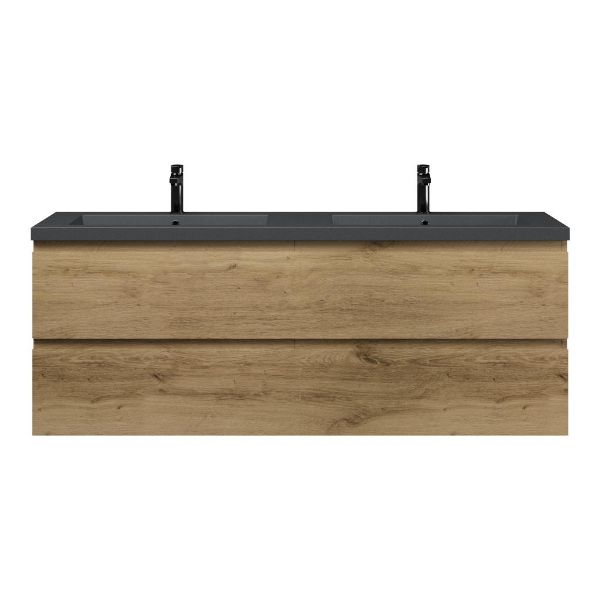 Bellanti Gisella/Esta badmeubel 160x46 4 softclose laden warm eiken greeploos polystone dubbele wastafel mat grijs met 2 kraangaten