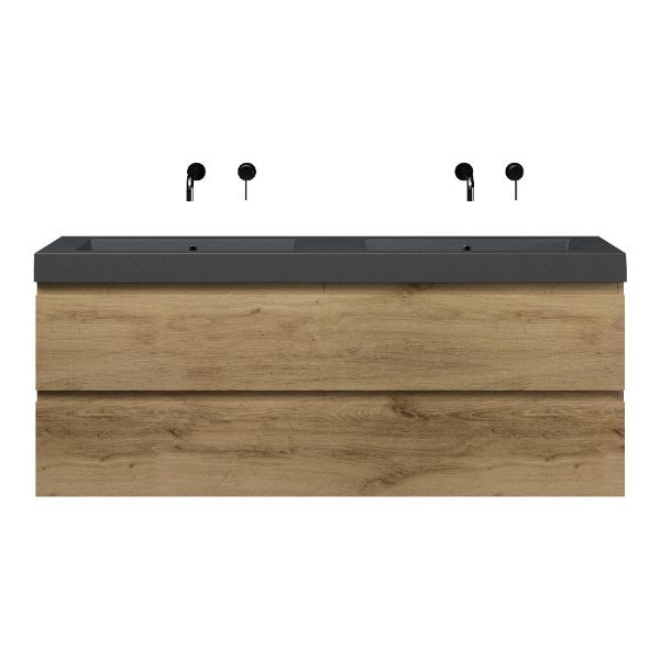 Bellanti Gisella/Esta-Q badmeubel 160x46 4 softclose laden warm eiken greeploos quartz dubbele wastafel mat grijs zonder kraangaten