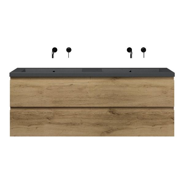 Bellanti Gisella/Esta-Q badmeubel 160x46 4 softclose laden warm eiken greeploos quartz dubbele wastafel mat grijs zonder kraangaten