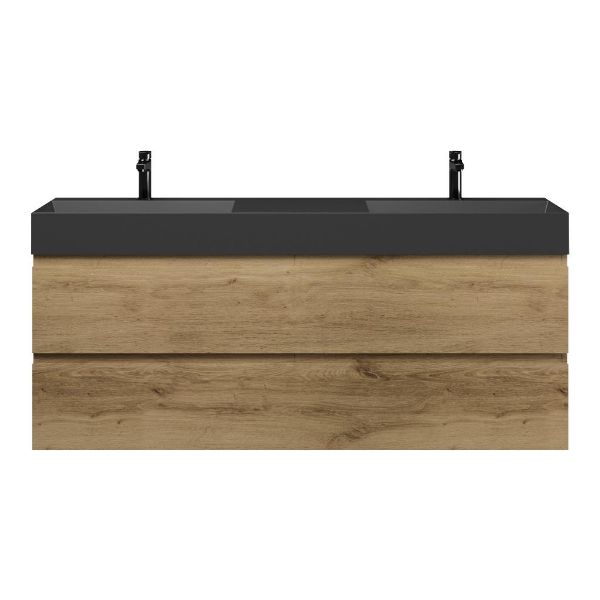 Bellanti Gisella/Azzurra badmeubel 160x46 4 softclose laden warm eiken greeploos keramiek dubbele wastafel mat zwart met 2 kraangaten