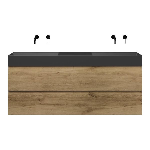 Bellanti Gisella/Azzurra badmeubel 160x46 4 softclose laden warm eiken greeploos keramiek dubbele wastafel mat zwart zonder kraangaten