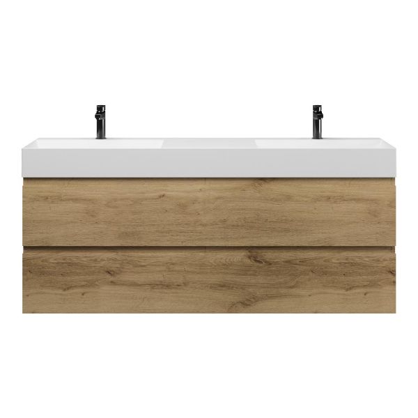 Bellanti Gisella/Azzurra badmeubel 160x46 4 softclose laden warm eiken greeploos keramiek dubbele wastafel mat wit met 2 kraangaten