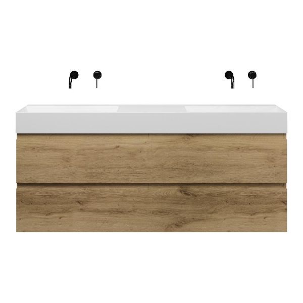 Bellanti Gisella/Azzurra badmeubel 160x46 4 softclose laden warm eiken greeploos keramiek dubbele wastafel mat wit zonder kraangaten