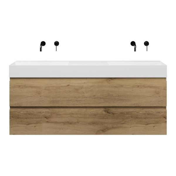 Bellanti Gisella/Azzurra badmeubel 160x46 4 softclose laden warm eiken greeploos keramiek dubbele wastafel wit zonder kraangaten