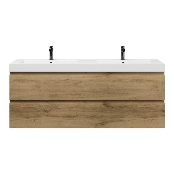 Bellanti Gisella/Esta badmeubel 160x46 4 softclose laden warm eiken greeploos polystone dubbele wastafel wit met 2 kraangaten