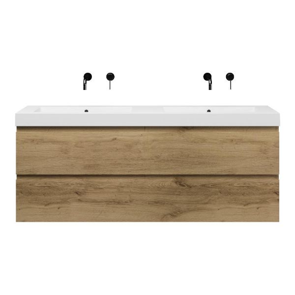 Bellanti Gisella/Esta badmeubel 160x46 4 softclose laden warm eiken greeploos polystone dubbele wastafel wit zonder kraangaten
