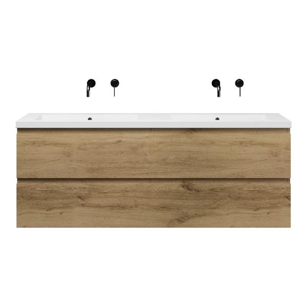 Bellanti Gisella/Esta badmeubel 160x46 4 softclose laden warm eiken greeploos polystone dubbele wastafel wit zonder kraangaten
