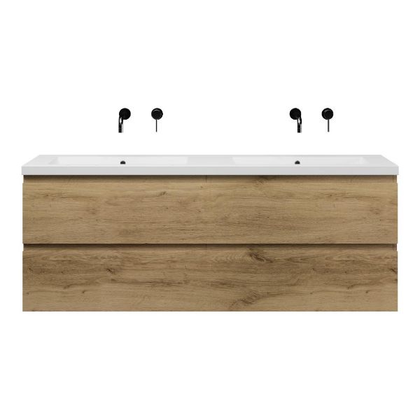 Bellanti Gisella/Esta-Q badmeubel 160x46 4 softclose laden warm eiken greeploos quartz dubbele wastafel mat wit zonder kraangaten