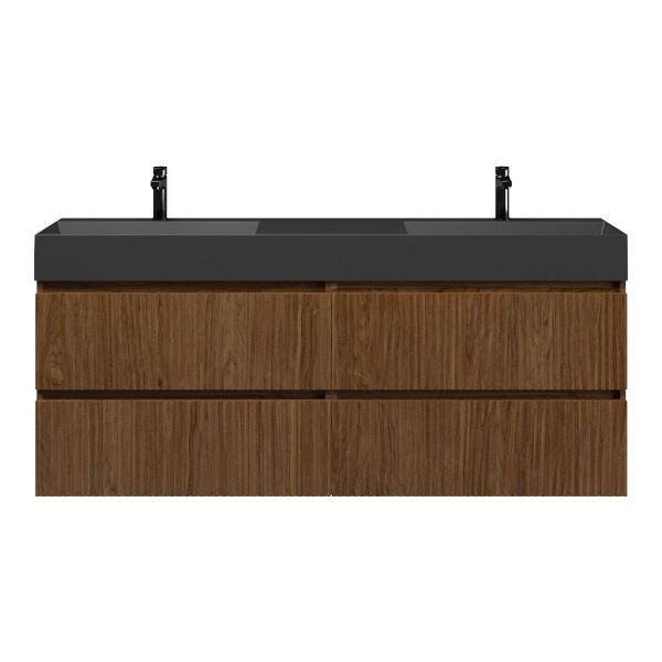 Bellanti Silvan/Azzurra badmeubel 160x46 4 softclose laden met ribbel - latjes structuur warm noten greeploos keramiek dubbele wastafel mat zwart 2 kraangaten