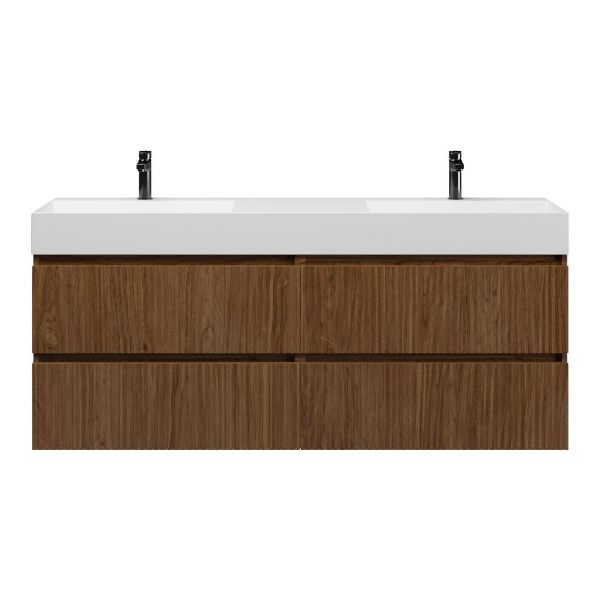 Bellanti Silvan/Azzurra badmeubel 160x46 4 softclose laden met ribbel - latjes structuur warm noten greeploos keramiek dubbele wastafel mat wit 2 kraangaten