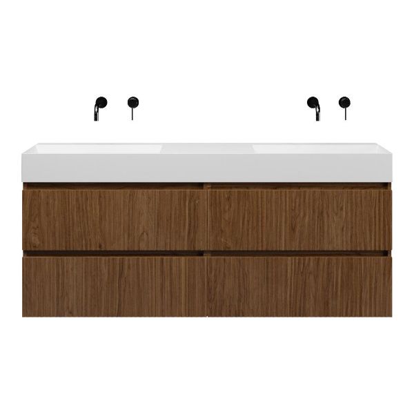 Bellanti Silvan/Azzurra badmeubel 160x46 4 softclose laden met ribbel - latjes structuur warm noten greeploos keramiek dubbele wastafel mat wit zonder kraangaten