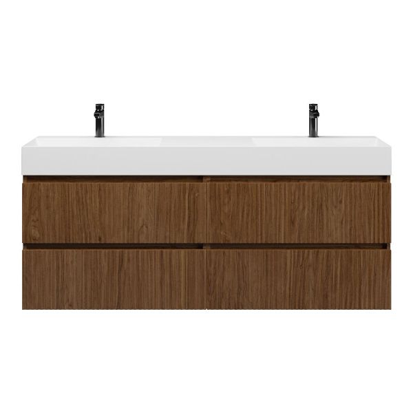 Bellanti Silvan/Azzurra badmeubel 160x46 4 softclose laden met ribbel - latjes structuur warm noten greeploos keramiek dubbele wastafel wit 2 kraangaten