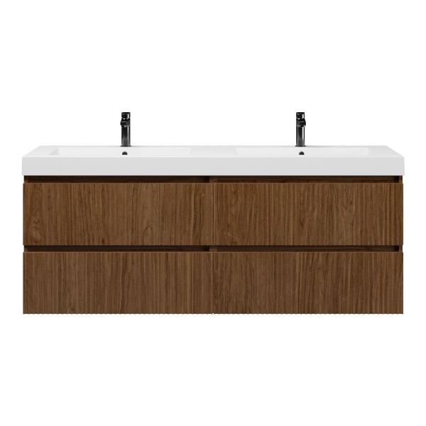 Bellanti Silvan/Esta badmeubel 160x46 4 softclose laden met ribbel - latjes structuur warm noten greeploos polystone dubbele wastafel wit 2 kraangaten
