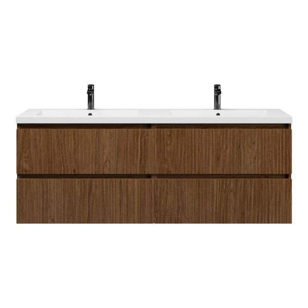 Bellanti Silvan/Esta badmeubel 160x46 4 softclose laden met ribbel - latjes structuur warm noten greeploos polystone dubbele wastafel wit 2 kraangaten