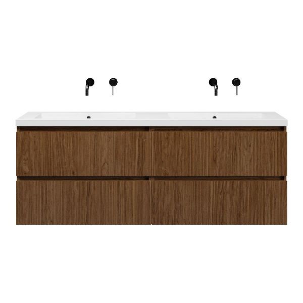 Bellanti Silvan/Esta badmeubel 160x46 4 softclose laden met ribbel - latjes structuur warm noten greeploos polystone dubbele wastafel wit zonder kraangaten