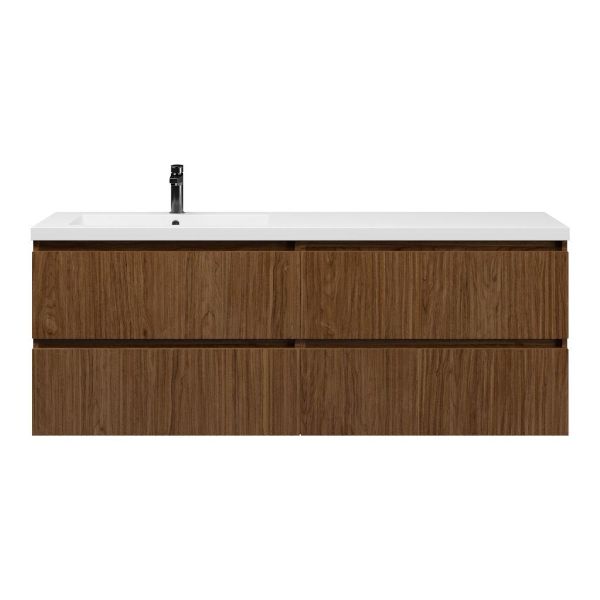 Bellanti Silvan/Esta badmeubel 160x46 4 softclose laden met ribbel - latjes structuur warm noten greeploos polystone enkele wastafel links wit met 1 kraangat
