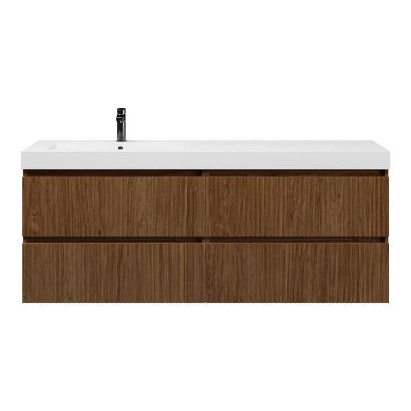 Bellanti Silvan/Esta badmeubel 160x46 4 softclose laden met ribbel - latjes structuur warm noten greeploos polystone enkele wastafel links wit met 1 kraangat