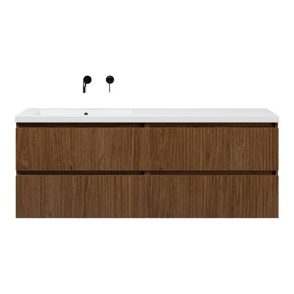 Bellanti Silvan/Esta badmeubel 160x46 4 softclose laden met ribbel - latjes structuur warm noten greeploos polystone enkele wastafel links wit zonder kraangat