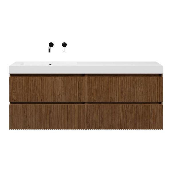 Bellanti Silvan/Esta badmeubel 160x46 4 softclose laden met ribbel - latjes structuur warm noten greeploos polystone enkele wastafel links wit zonder kraangat